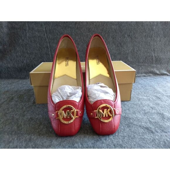 Michael Kors Leather Ballet Flat Fulton Red w/ Gold MK Logo Womens 9M NEW in Box - Picture 1 of 16
